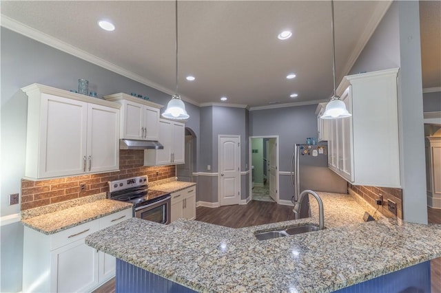 2444 Poole Rd, Greer, SC 29650 - kitchen with stainless steel appliances, under cabinet range hood, white cabinetry, a peninsula, and light stone counters