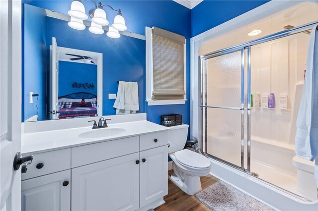 308 Amethyst Way, Seneca, SC 29672 - full bath featuring a shower stall, ensuite bath, vanity, wood finished floors, and a ceiling fan