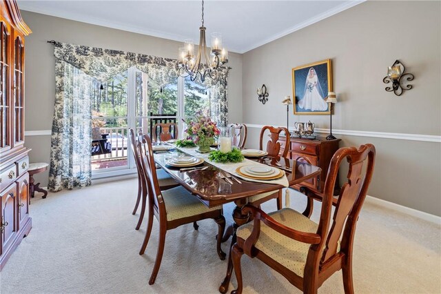308 Amethyst Way, Seneca, SC 29672 - dining space with a chandelier, light colored carpet, and ornamental molding
