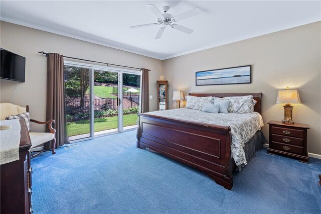 308 Amethyst Way, Seneca, SC 29672 - bedroom with dark colored carpet, access to outside, crown molding, and a ceiling fan