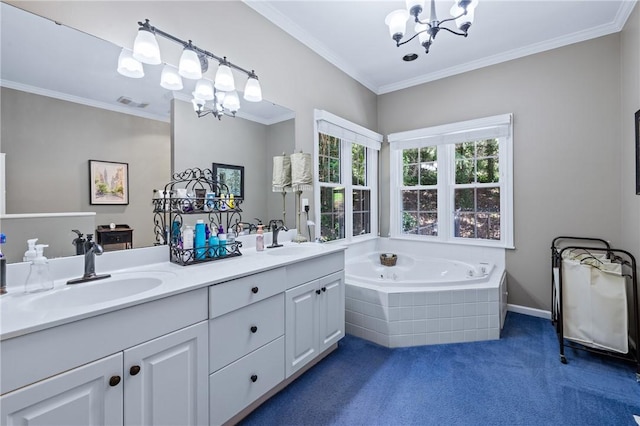 308 Amethyst Way, Seneca, SC 29672 - bathroom with a chandelier, double vanity, a bath, and ornamental molding
