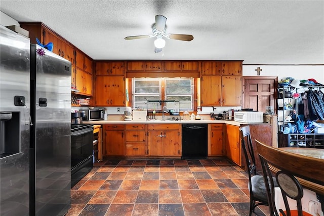 7703 Moorefield Memorial Hwy, Liberty, SC 29657 - kitchen featuring black appliances, light countertops, ceiling fan, brown cabinetry, and a textured ceiling