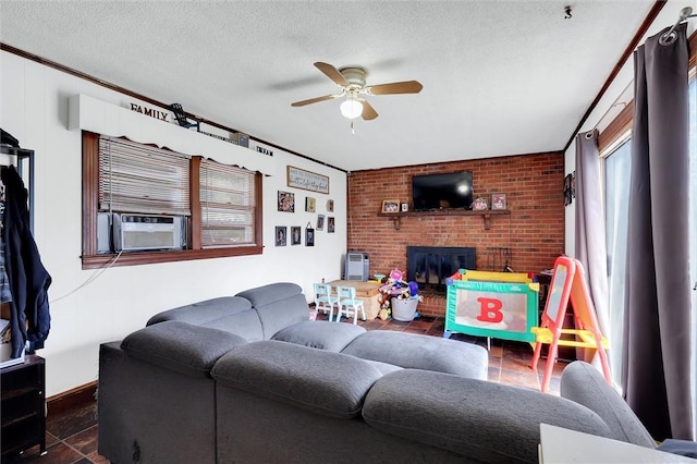 7703 Moorefield Memorial Hwy, Liberty, SC 29657 - living area featuring a ceiling fan, brick wall, a brick fireplace, a textured ceiling, and cooling unit