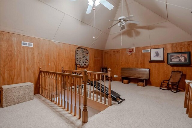 251 W Mcelhaney Rd, Taylors, SC 29687 - stairway featuring wooden walls, ceiling fan, carpet floors, and vaulted ceiling