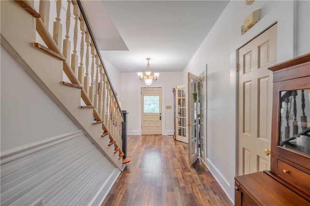 251 W Mcelhaney Rd, Taylors, SC 29687 - foyer entrance with stairs, dark wood-style floors, and a chandelier