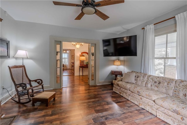 251 W Mcelhaney Rd, Taylors, SC 29687 - living area featuring healthy amount of natural light, dark wood-style floors, and ceiling fan