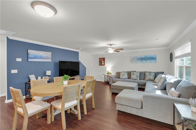 220 Celebration Ave, Anderson, SC 29625 - living room with crown molding, dark wood-type flooring, and a ceiling fan