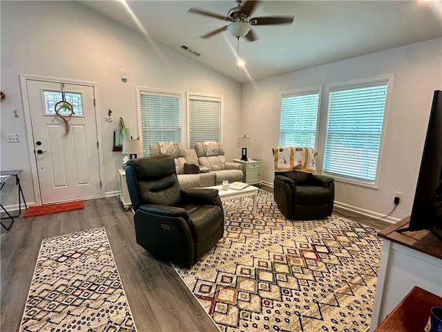 118 Branch St, Walhalla, SC 29691 - living room with a ceiling fan, lofted ceiling, wood finished floors, and healthy amount of natural light