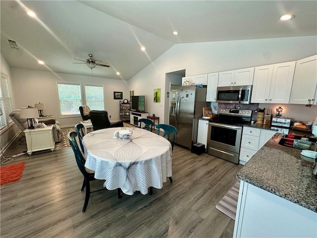 118 Branch St, Walhalla, SC 29691 - dining space featuring a ceiling fan, dark wood-type flooring, high vaulted ceiling, and recessed lighting