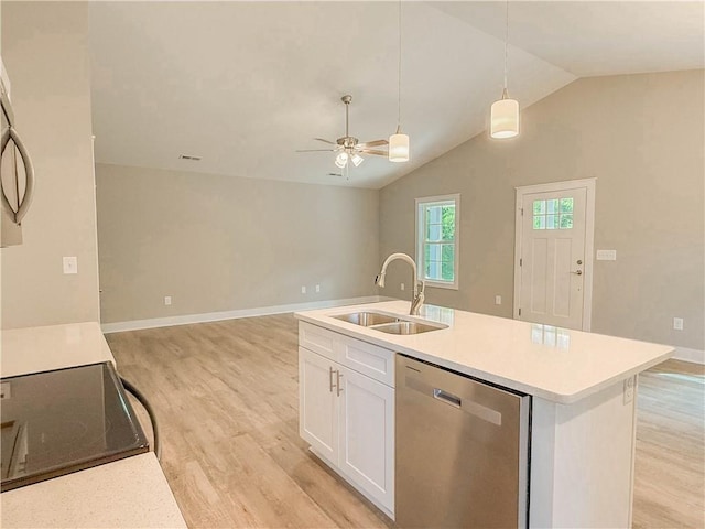 330 Code Cir, Seneca, SC 29678 - kitchen featuring stainless steel dishwasher, light wood-style flooring, lofted ceiling, white cabinetry, and pendant lighting