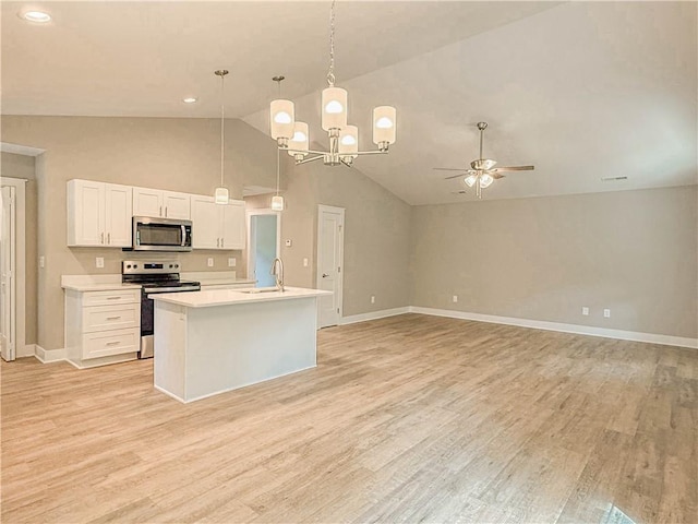 330 Code Cir, Seneca, SC 29678 - kitchen with appliances with stainless steel finishes, ceiling fan, light countertops, light wood finished floors, and white cabinetry