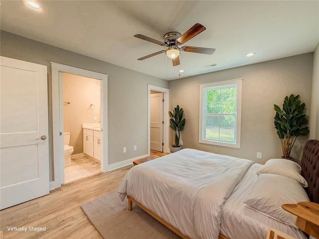 330 Code Cir, Seneca, SC 29678 - bedroom with light wood-type flooring, recessed lighting, ensuite bathroom, and a ceiling fan
