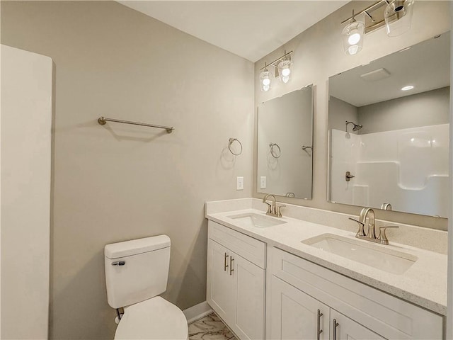 330 Code Cir, Seneca, SC 29678 - bathroom featuring marble look tiles, double vanity, and a shower
