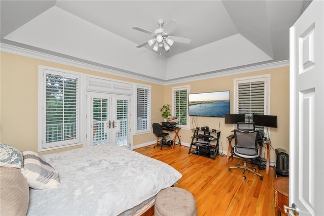 120 Links View Ct, Sunset, SC 29685 - bedroom featuring a tray ceiling, french doors, access to outside, light wood-style flooring, and crown molding