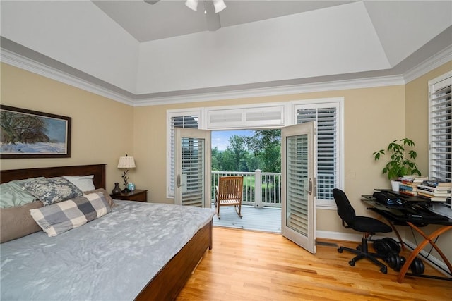 120 Links View Ct, Sunset, SC 29685 - bedroom featuring access to outside, an office area, light wood-style flooring, ornamental molding, and a tray ceiling
