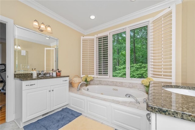 120 Links View Ct, Sunset, SC 29685 - full bathroom featuring vanity, a jetted tub, crown molding, tile patterned floors, and recessed lighting