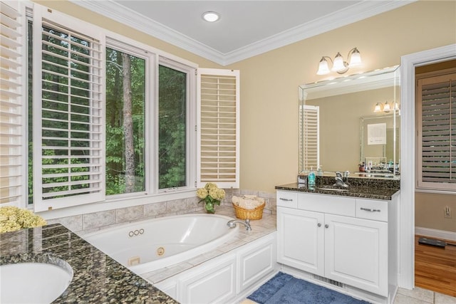 120 Links View Ct, Sunset, SC 29685 - full bathroom with vanity, a tub with jets, crown molding, and recessed lighting