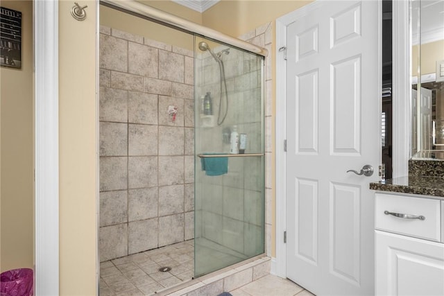 120 Links View Ct, Sunset, SC 29685 - full bath featuring a stall shower, vanity, tile patterned flooring, and crown molding