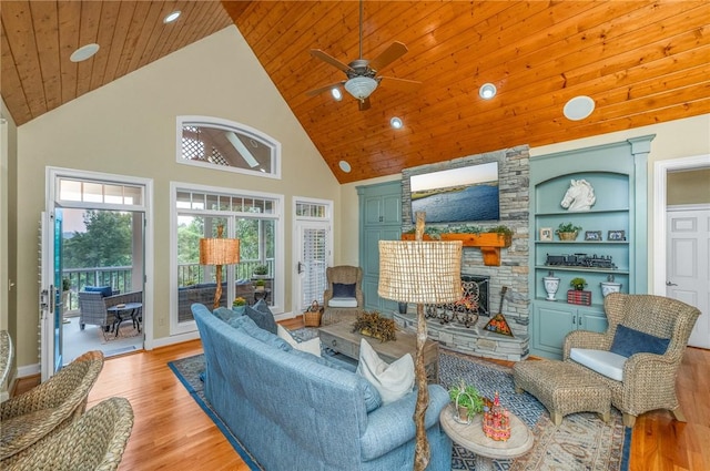 120 Links View Ct, Sunset, SC 29685 - living area with wood ceiling, light wood-style flooring, recessed lighting, high vaulted ceiling, and a stone fireplace