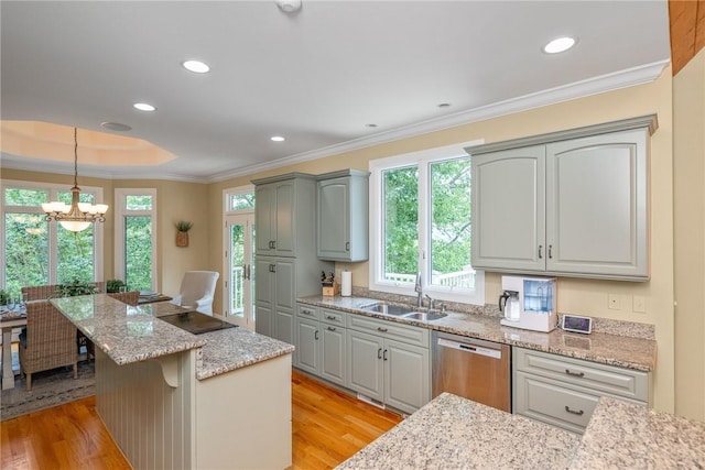 120 Links View Ct, Sunset, SC 29685 - kitchen with dishwasher, light wood finished floors, a chandelier, a center island, and ornamental molding
