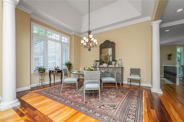 120 Links View Ct, Sunset, SC 29685 - dining space featuring decorative columns, healthy amount of natural light, wood finished floors, ornamental molding, and recessed lighting