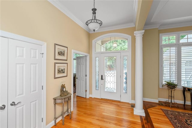 120 Links View Ct, Sunset, SC 29685 - foyer entrance featuring decorative columns, light wood-style flooring, and crown molding