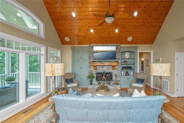 120 Links View Ct, Sunset, SC 29685 - living area featuring wood ceiling, wood finished floors, a stone fireplace, recessed lighting, and high vaulted ceiling