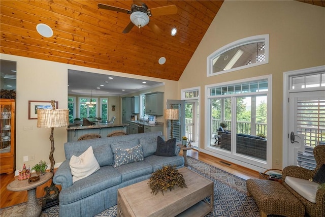 120 Links View Ct, Sunset, SC 29685 - living room featuring wood finished floors, ceiling fan, high vaulted ceiling, recessed lighting, and wood ceiling