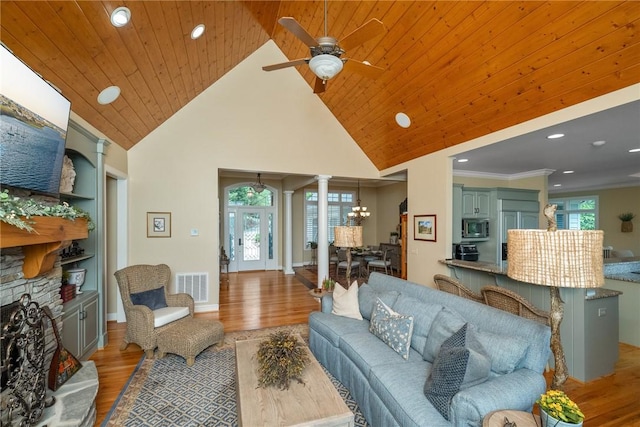 120 Links View Ct, Sunset, SC 29685 - living area with wood finished floors, recessed lighting, high vaulted ceiling, ceiling fan, and a chandelier