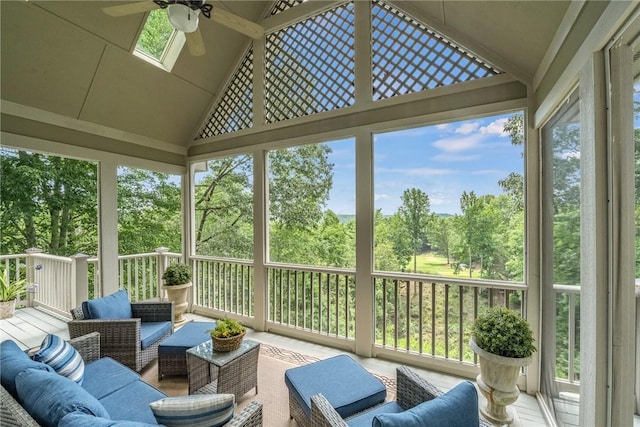 120 Links View Ct, Sunset, SC 29685 - sunroom featuring a ceiling fan, an outdoor living space, lofted ceiling, and view of scattered trees