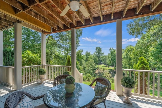 120 Links View Ct, Sunset, SC 29685 - deck featuring ceiling fan, view of scattered trees, and outdoor dining space