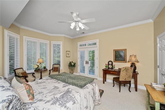 120 Links View Ct, Sunset, SC 29685 - bedroom with access to exterior, crown molding, light colored carpet, french doors, and ceiling fan