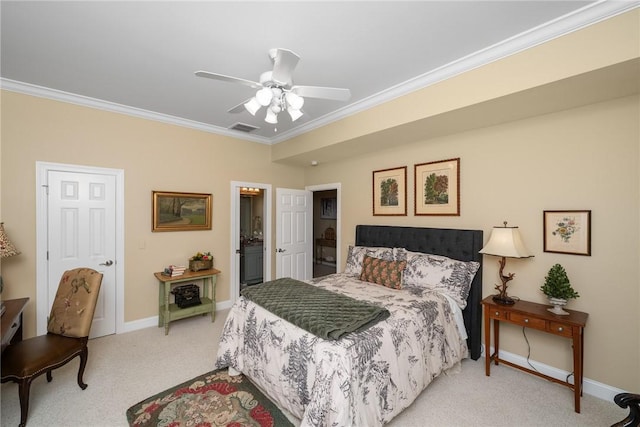 120 Links View Ct, Sunset, SC 29685 - bedroom with ornamental molding, light carpet, ceiling fan, and ensuite bathroom