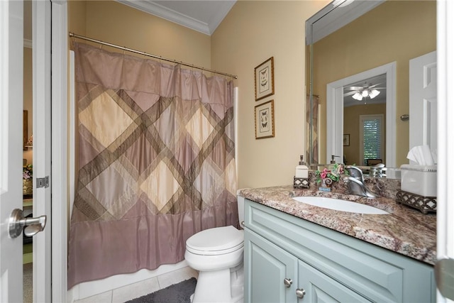 120 Links View Ct, Sunset, SC 29685 - full bathroom featuring vanity, ornamental molding, tile patterned flooring, shower / tub combo, and ceiling fan