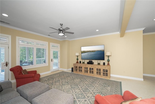 120 Links View Ct, Sunset, SC 29685 - carpeted living room featuring crown molding, a ceiling fan, and recessed lighting