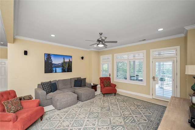 120 Links View Ct, Sunset, SC 29685 - living area featuring crown molding, a ceiling fan, and recessed lighting