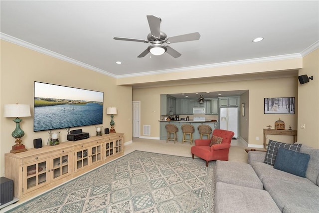 120 Links View Ct, Sunset, SC 29685 - living room with crown molding, a ceiling fan, recessed lighting, and light colored carpet