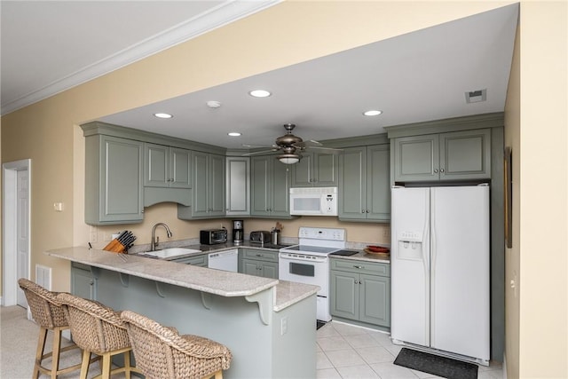 120 Links View Ct, Sunset, SC 29685 - kitchen featuring white appliances, a peninsula, crown molding, a breakfast bar area, and ceiling fan