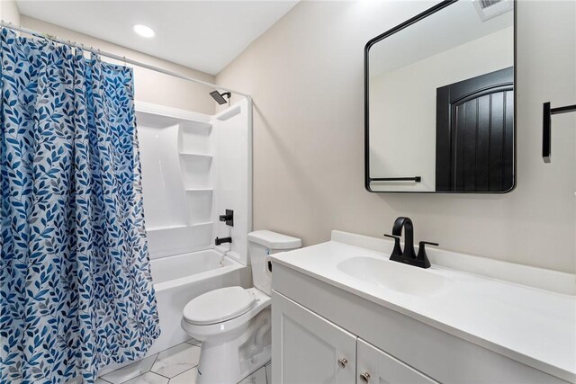 108 Hunter St, Anderson, SC 29625 - bathroom featuring vanity, shower / tub combo with curtain, marble look tiles, and recessed lighting