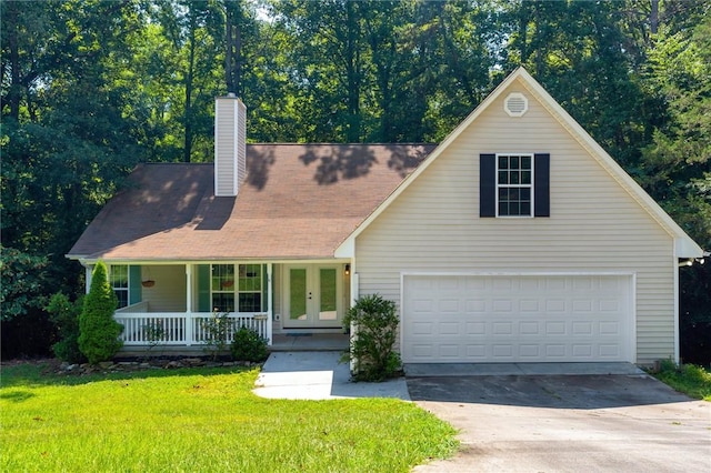210 Briarcliff Rd, Central, SC 29630 - view of front facade featuring french doors, driveway, a garage, a porch, and a chimney