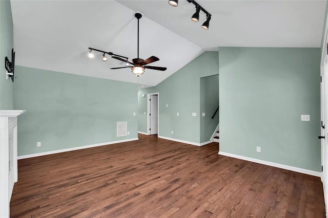 210 Briarcliff Rd, Central, SC 29630 - unfurnished living room with track lighting, a ceiling fan, lofted ceiling, wood finished floors, and stairway