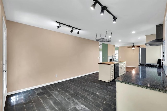 210 Briarcliff Rd, Central, SC 29630 - kitchen with wall chimney exhaust hood, black dishwasher, a ceiling fan, rail lighting, and dark wood-type flooring