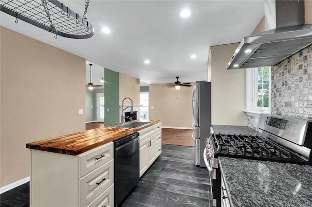 210 Briarcliff Rd, Central, SC 29630 - kitchen featuring stainless steel appliances, range hood, a ceiling fan, wood counters, and recessed lighting
