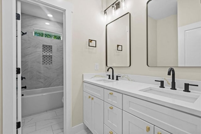 711 Concord Rd, Anderson, SC 29621 - full bathroom with marble look tiles, double vanity, washtub / shower combination, and recessed lighting