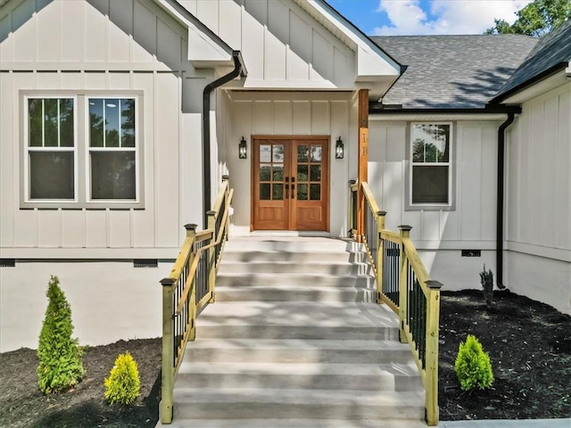 711 Concord Rd, Anderson, SC 29621 - entrance to property featuring french doors, crawl space, roof with shingles, and board and batten siding