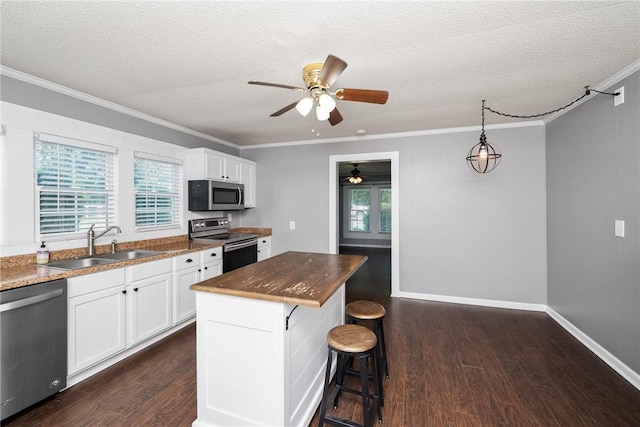 200 Maplecroft St, Liberty, SC 29657 - kitchen featuring appliances with stainless steel finishes, a ceiling fan, dark wood-style flooring, crown molding, and white cabinets