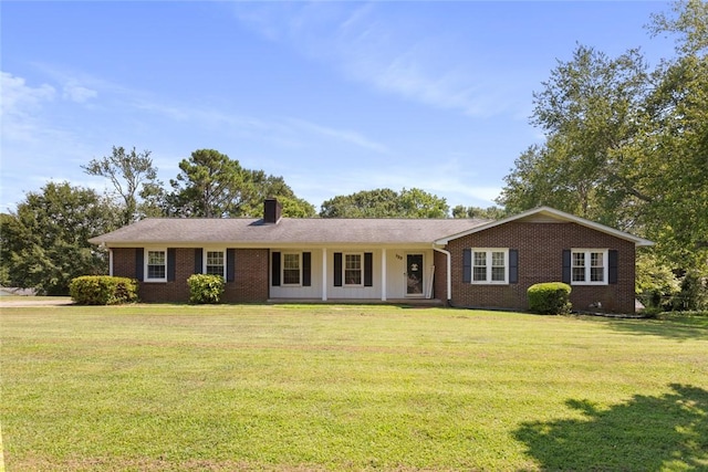 123 Radisson Rd, Seneca, SC 29678 - ranch-style home with brick siding, a front yard, a chimney, and a porch