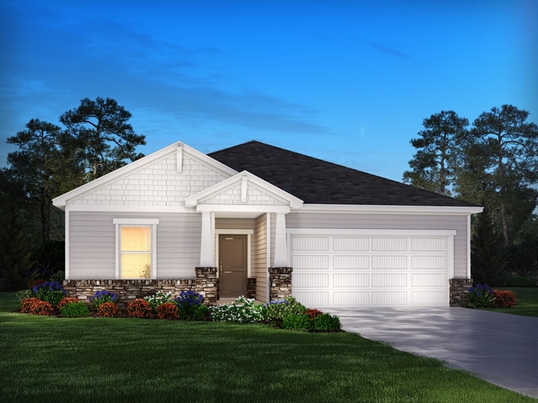714 Burghley Cir, Greer, SC 29651 - view of front of home with stone siding, a garage, a front yard, concrete driveway, and a shingled roof