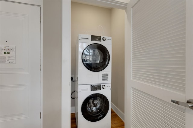 13500 Clemson Blvd Unit 1201Ab, Seneca, SC 29678 - laundry room with stacked washer / dryer and wood finished floors