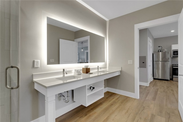 13500 Clemson Blvd Unit 1201Ab, Seneca, SC 29678 - bathroom with wood finished floors, electric panel, and a shower with door